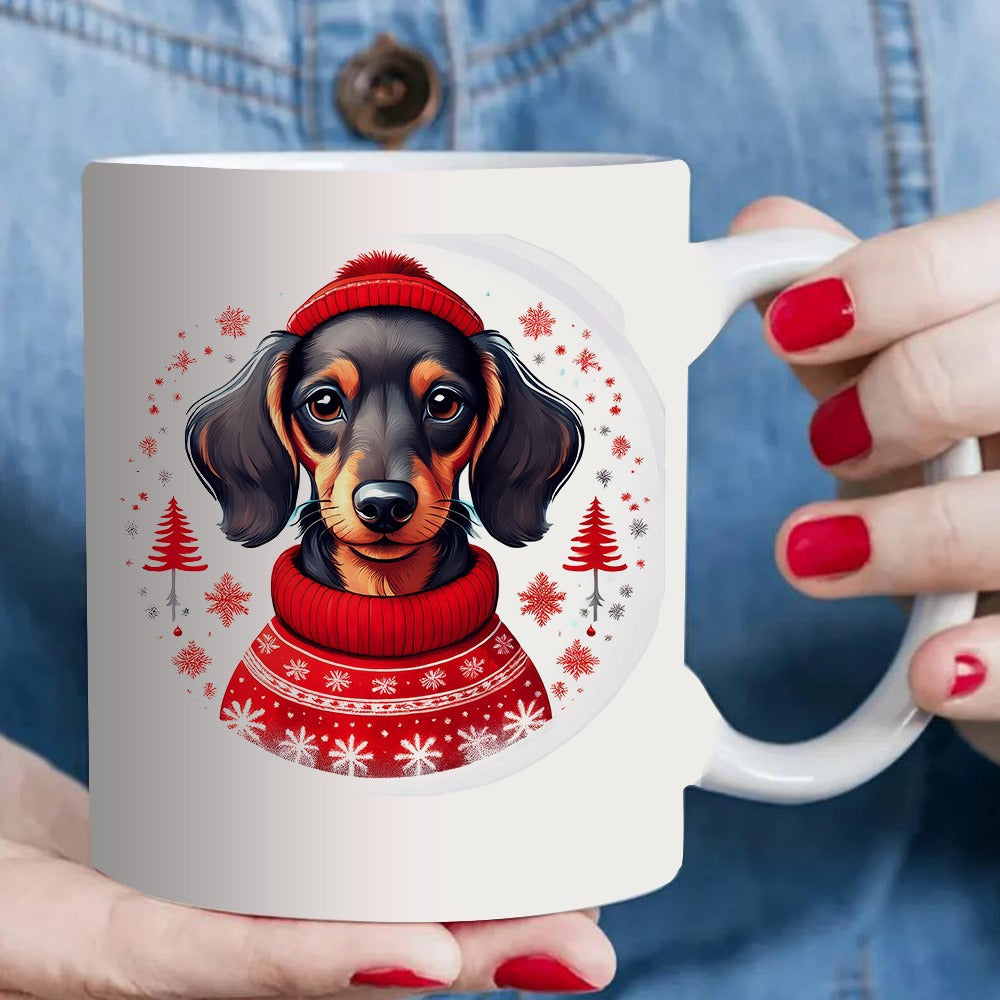 Tailorly White Ceramic 11 oz Mug - cute dachshund dog in sweater and hat christmas holiday design