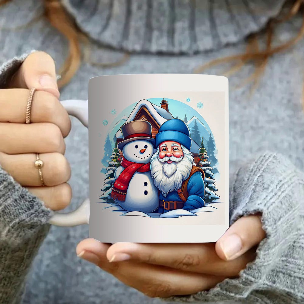 Tailorly White Ceramic 11 oz Mug - snowman and santa claus winter scene festive holiday design