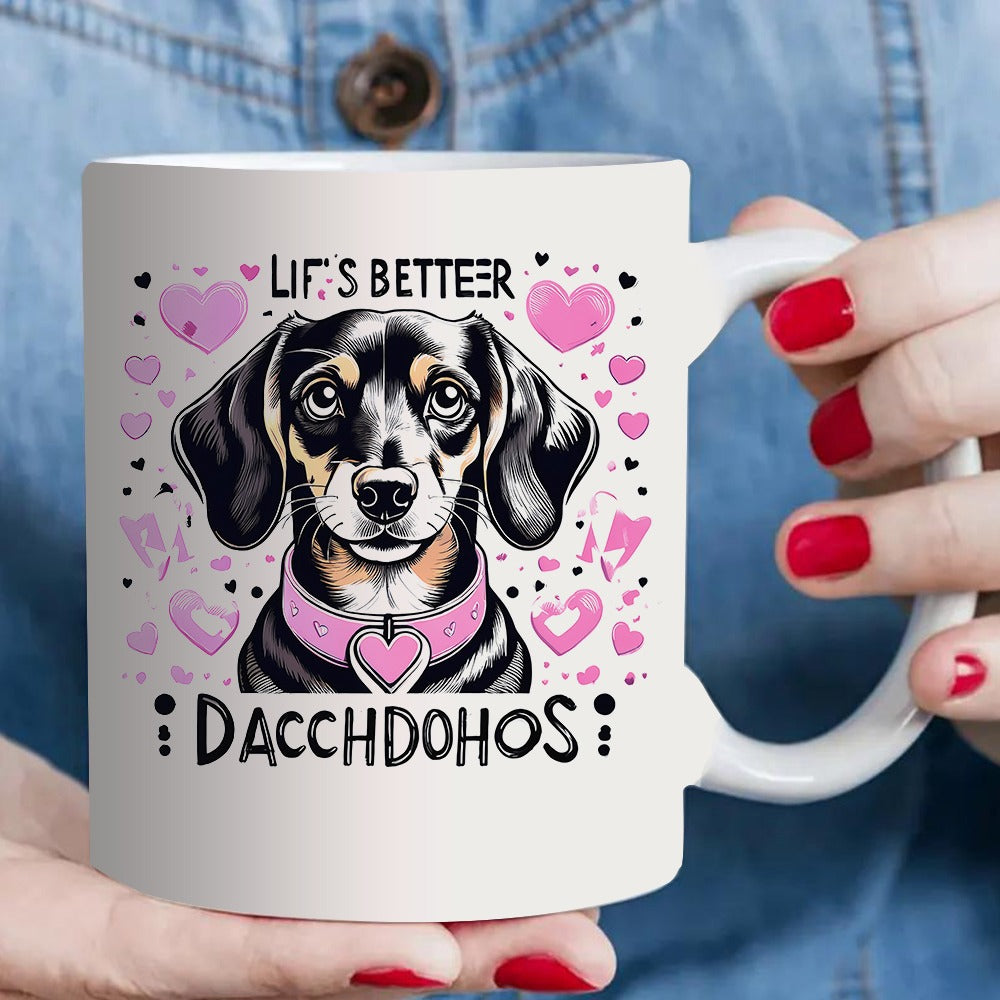Tailorly White Ceramic 11 oz Mug - cute dachshund dog with hearts