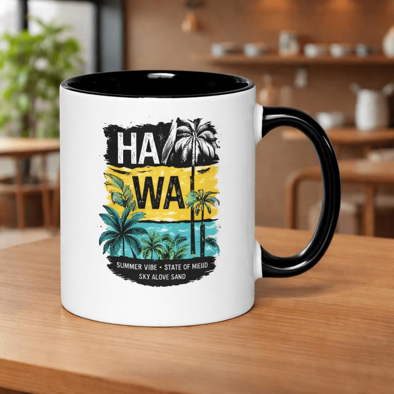 Tailorly Black Accent 11 oz Mug - hawaiian summer theme with palm trees and beach