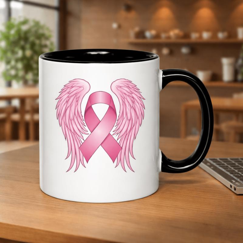 Tailorly Black Accent 11 oz Mug - angel wings breast awareness text