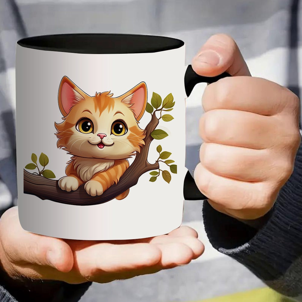Tailorly Black Accent 11 oz Mug - an adorable orange kitten on a tree branch