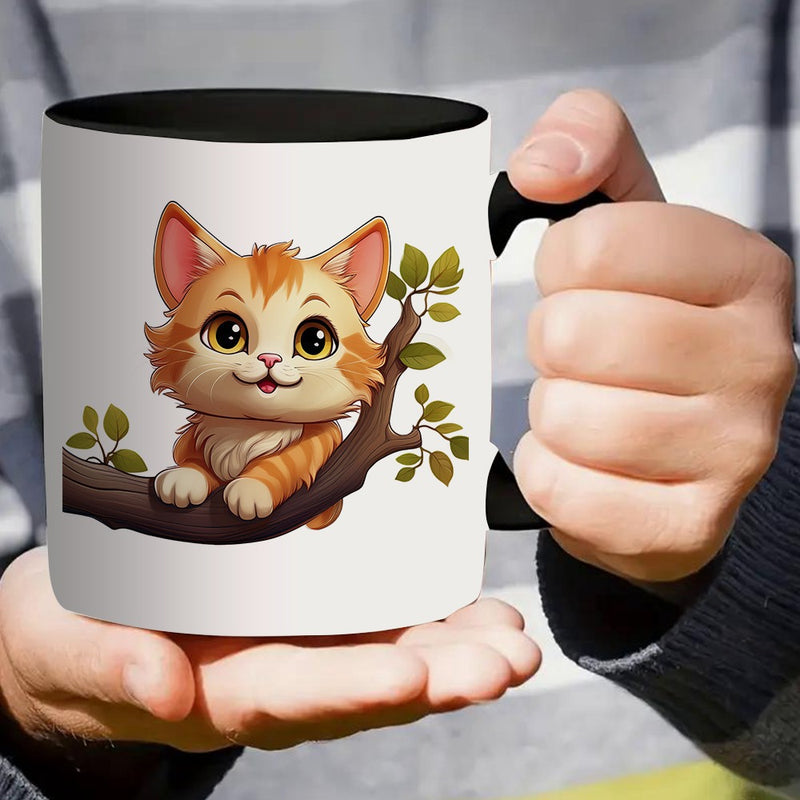 Tailorly Black Accent 11 oz Mug - an adorable orange kitten on a tree branch