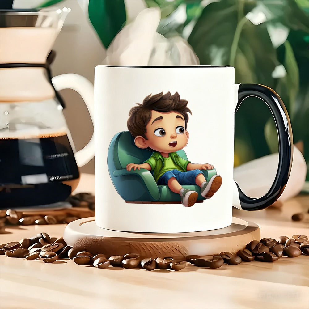 Tailorly Black Accent 11 oz Mug - a boy sitting on a chair