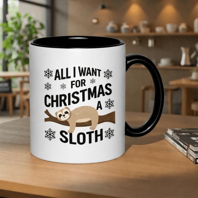 Tailorly Black Accent 11 oz Mug - sloth with Christmas theme