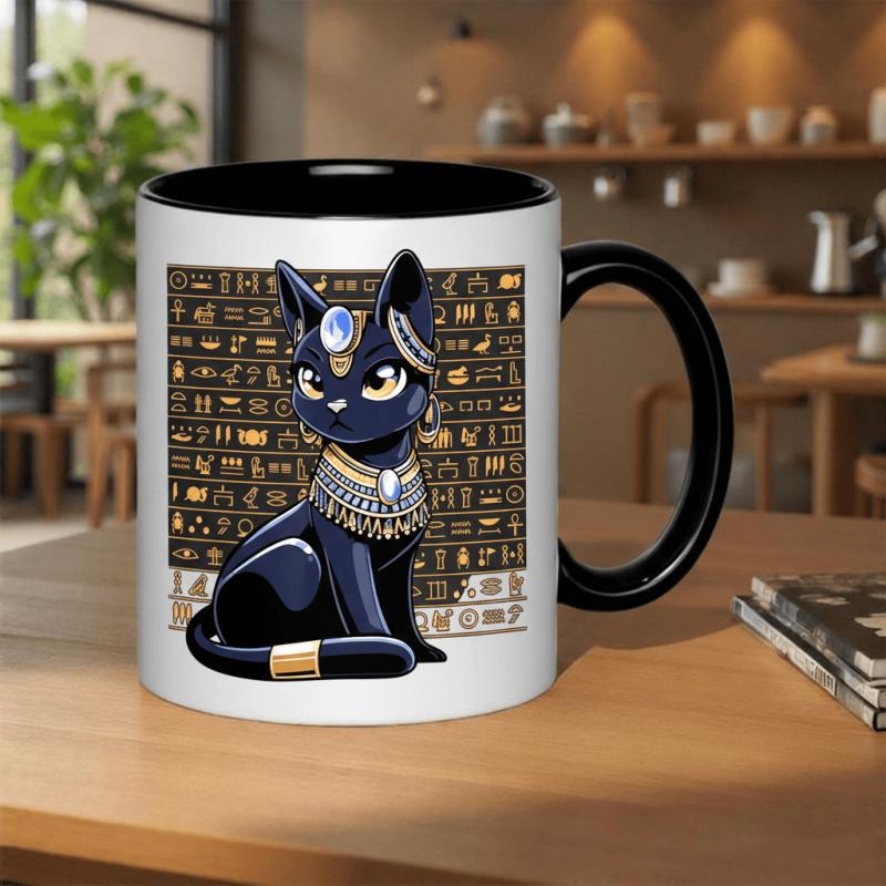 Tailorly Black Accent 11 oz Mug - ancient egyptian cat goddess hieroglyphic