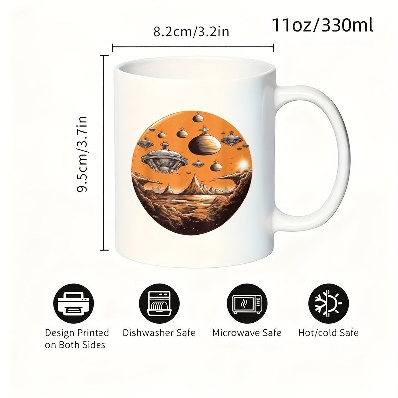 Tailorly White Ceramic 11 oz Mug - ufo and landscape space themed