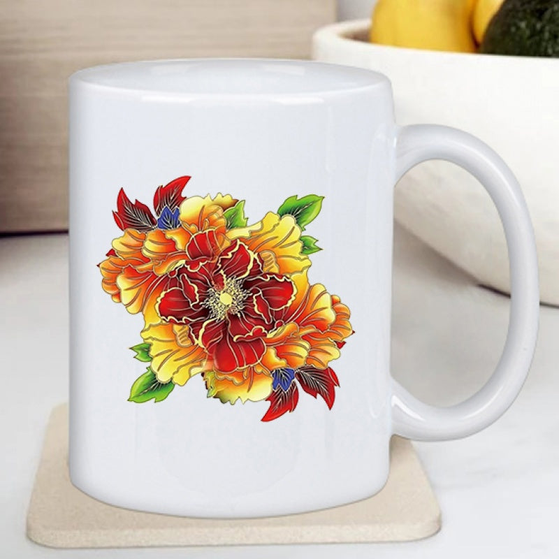 Tailorly White Ceramic 11 oz Mug - bright hibiscus flowers in red yellow orange blue and green