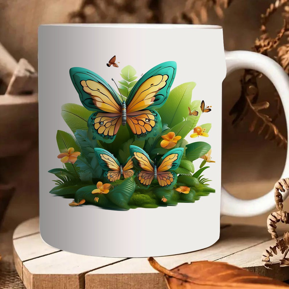 Tailorly White Ceramic 11 oz Mug - colorful butterflies and flowers