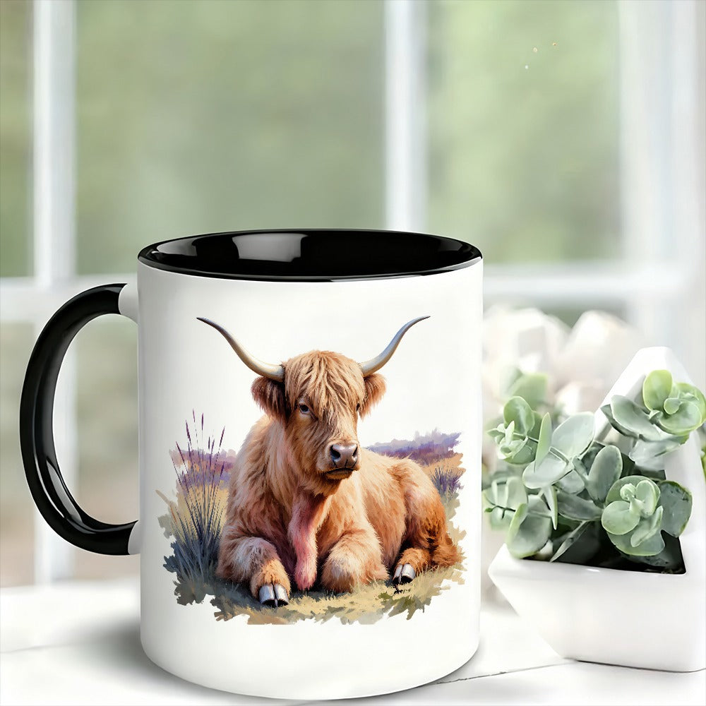 Tailorly Black Accent 11 oz Mug - resting highland cow