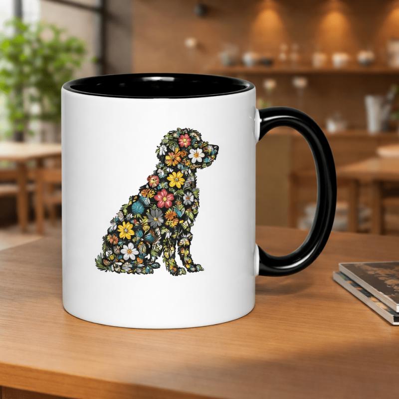 Tailorly Black Accent 11 oz Mug - floral dog silhouette illustration colorful and butterflies