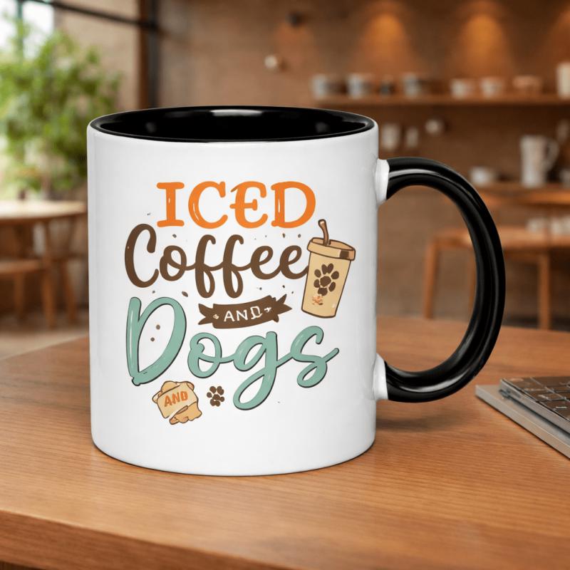 Tailorly Black Accent 11 oz Mug - iced coffee and dogs illustration