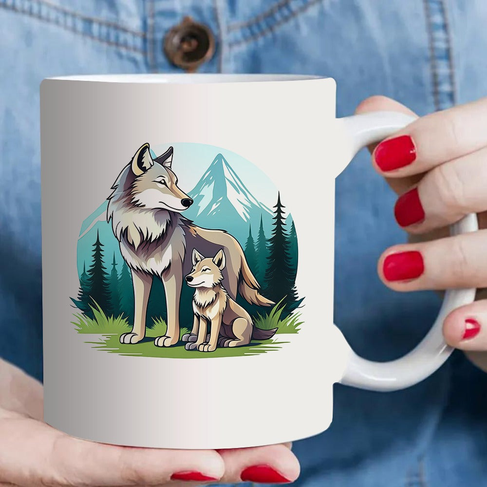 Tailorly White Ceramic 11 oz Mug - wolf and cub