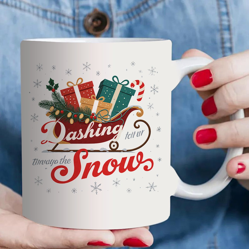 Tailorly White Ceramic 11 oz Mug - through the snow christmas sleigh design