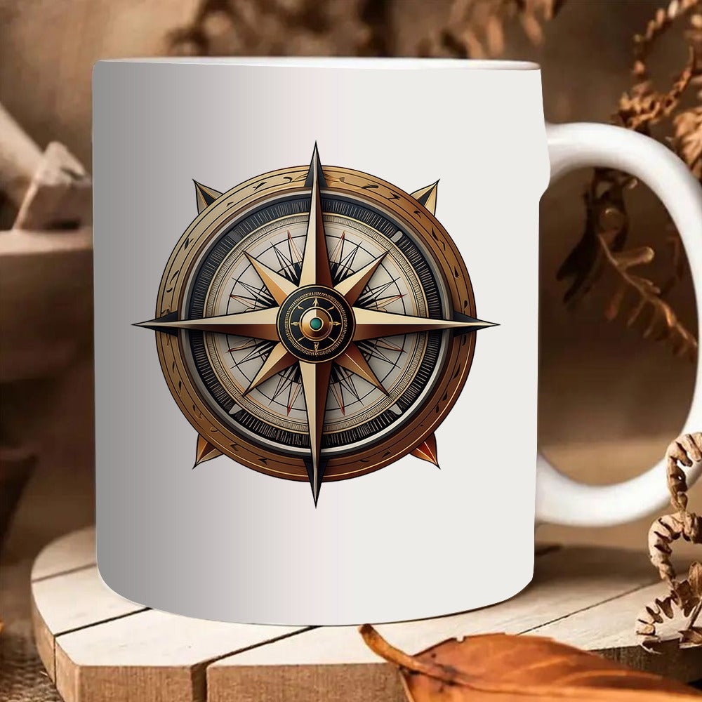 Tailorly White Ceramic 11 oz Mug - classic compass design