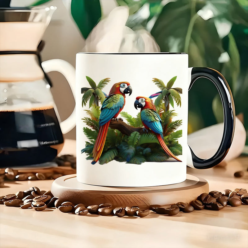 Tailorly Black Accent 11 oz Mug - colorful parrots on a tree