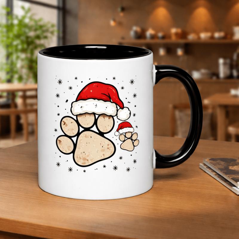 Tailorly Black Accent 11 oz Mug - christmas paw print santa hat snowflakes