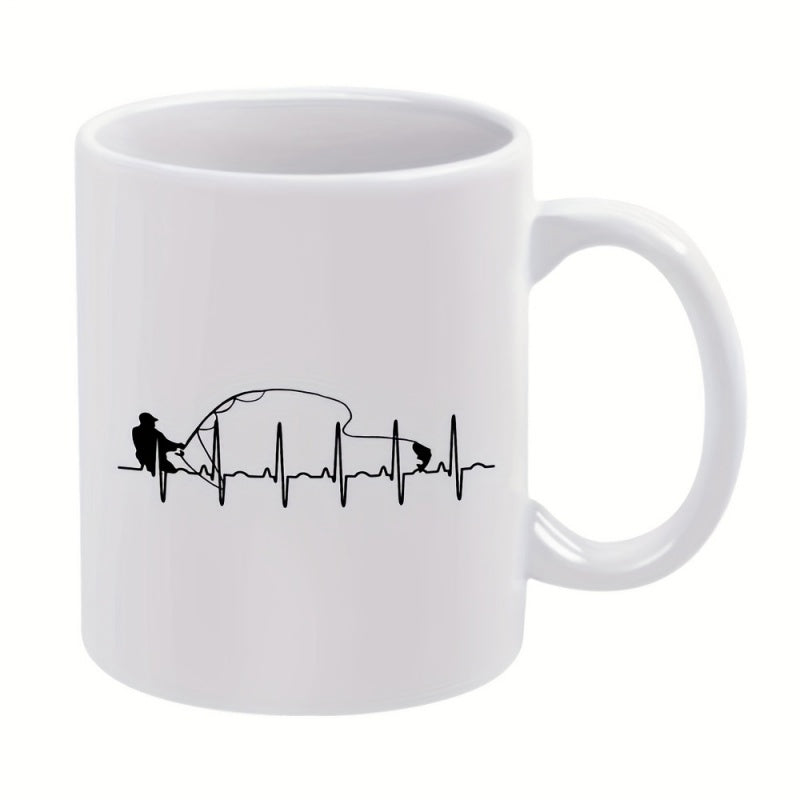 Tailorly White Ceramic 11 oz Mug - heartbeat line and fishing motif