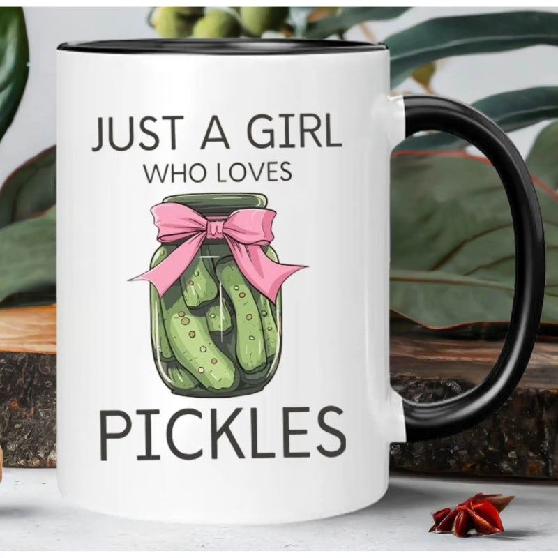 Tailorly Black Accent 11 oz Mug - funny mug just a who pickles ceramic cup with pickle jar design insulated black interior for hot cold drinks