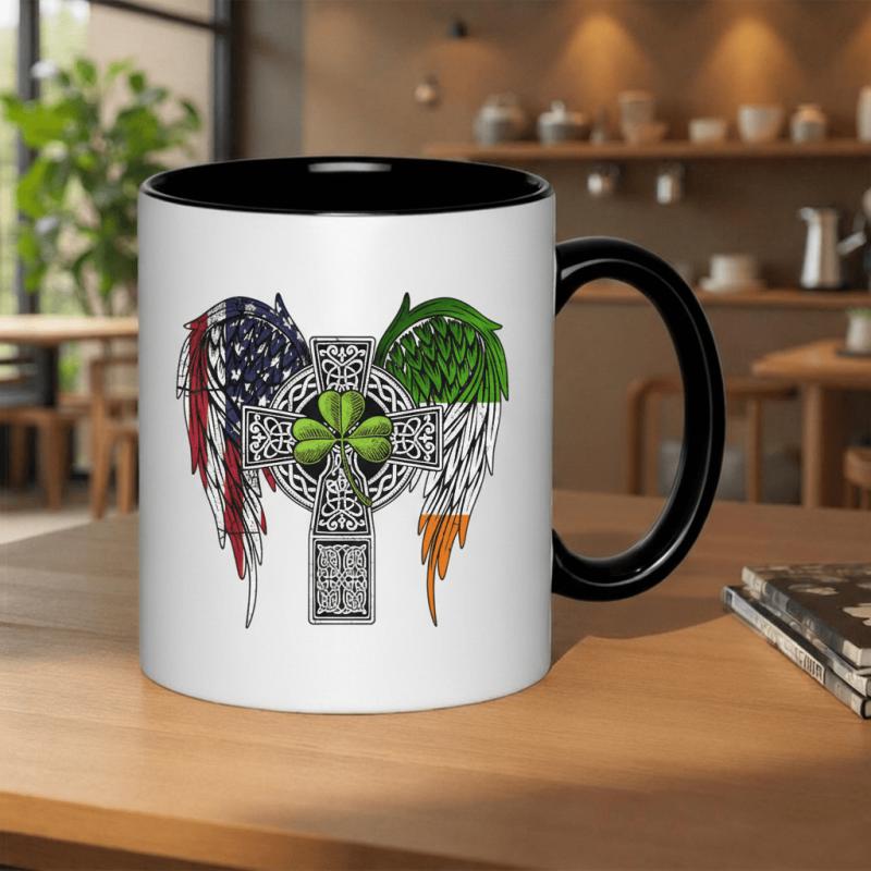 Tailorly Black Accent 11 oz Mug - irish american celtic cross with wings and a shamrock