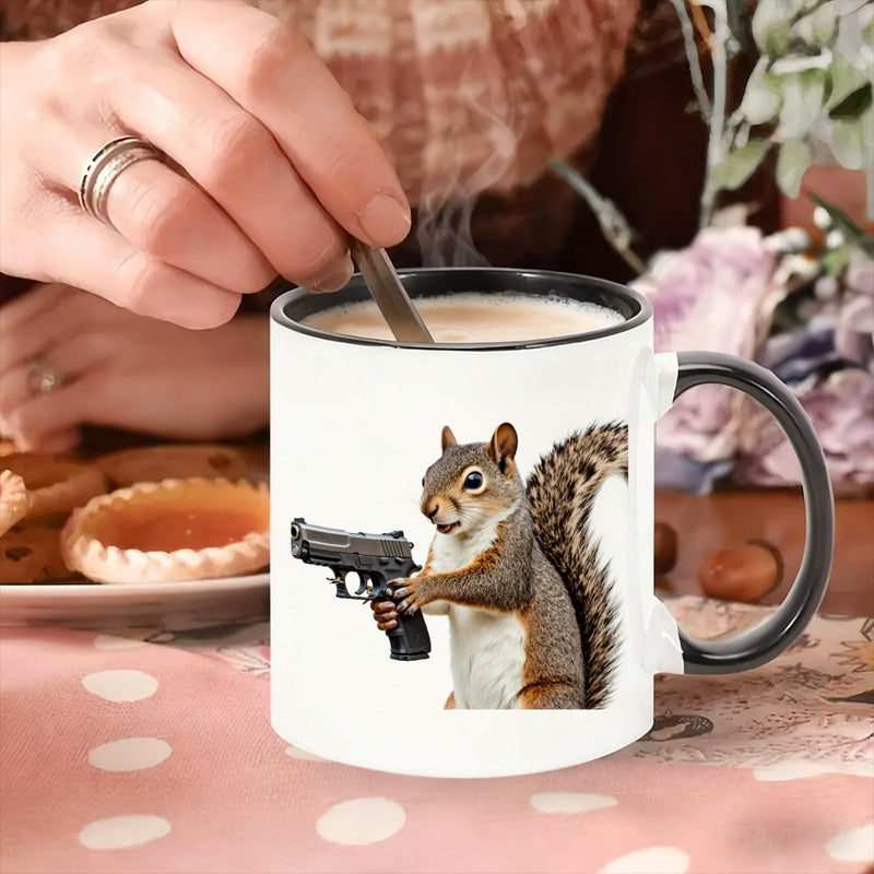 Tailorly Black Accent 11 oz Mug - squirrel with a gun