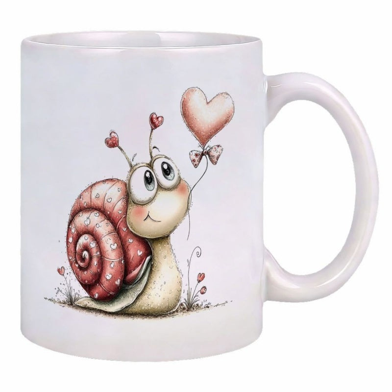 Tailorly White Ceramic 11 oz Mug - hand painted watercolor romantic snail heart balloons