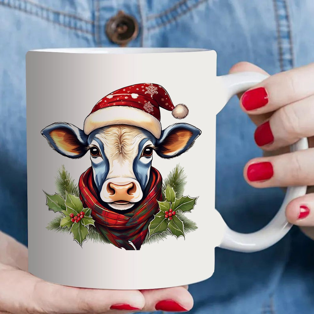 Tailorly White Ceramic 11 oz Mug - christmas cow with santa hat and scarf