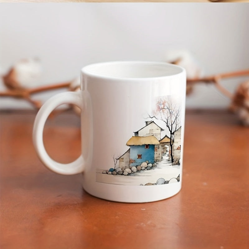 Tailorly White Ceramic 11 oz Mug - houses trees stones roof brown houses