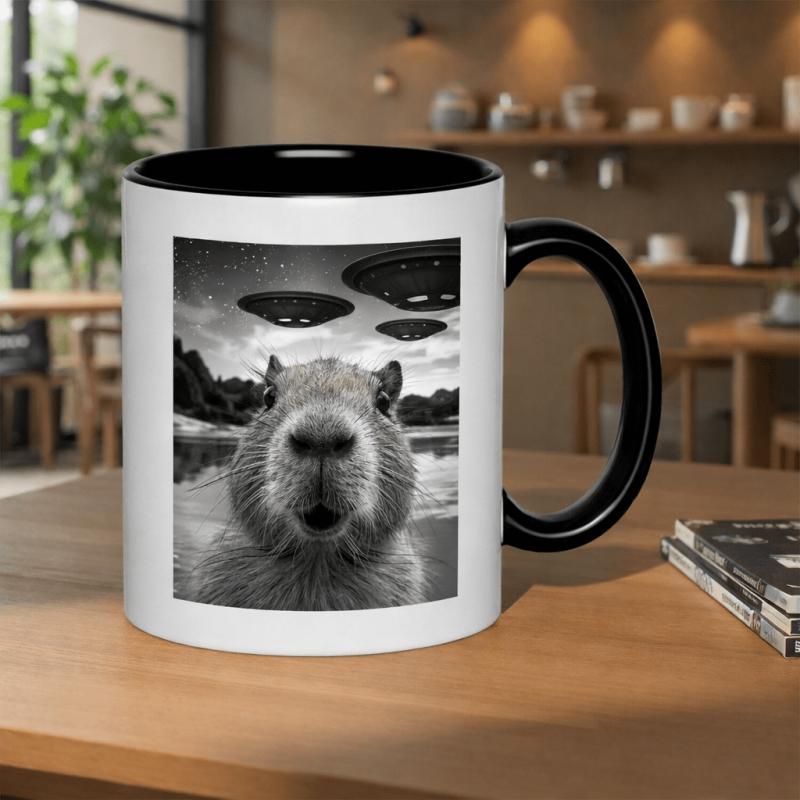 Tailorly Black Accent 11 oz Mug - capybaras in a night sky