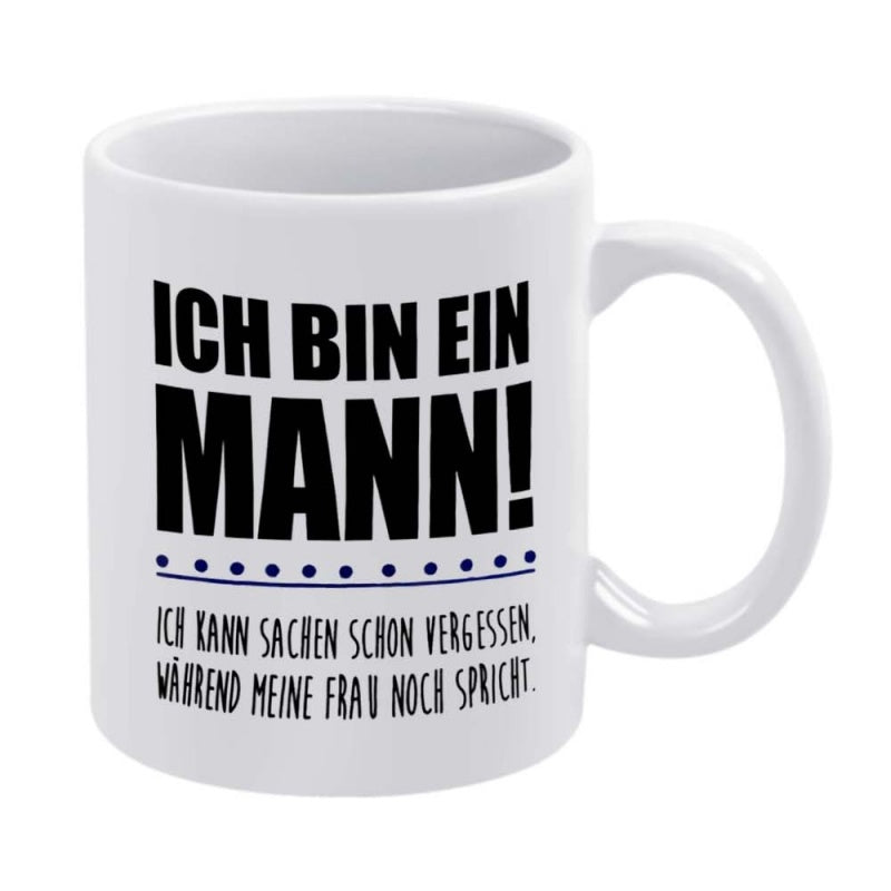 Tailorly White Ceramic 11 oz Mug - ich bin mann i for man saying with black lettering and blue accent