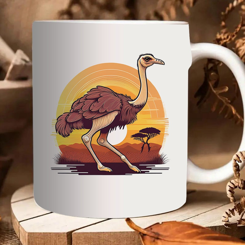 Tailorly White Ceramic 11 oz Mug - ostrich design against a unique artistic pattern