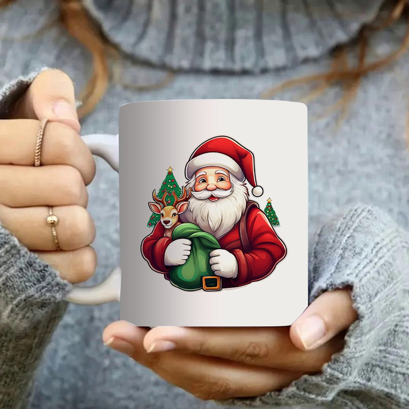 Tailorly White Ceramic 11 oz Mug - santa claus with reindeer and christmas