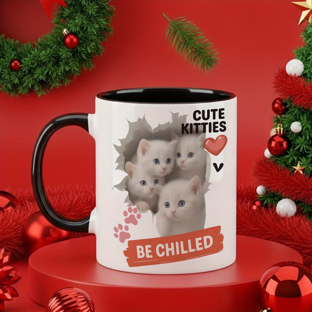 Tailorly Black Accent 11 oz Mug - three white kittens and hearts