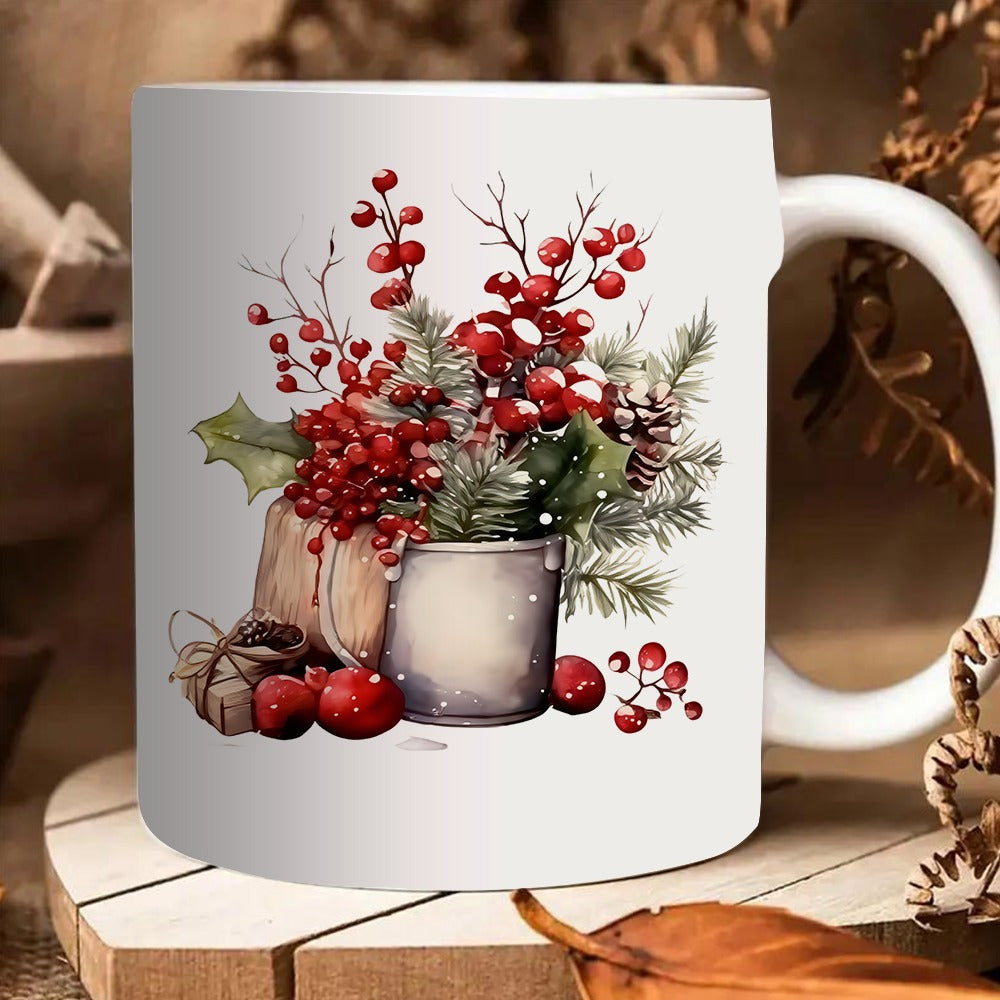 Tailorly White Ceramic 11 oz Mug - pine branch winter design