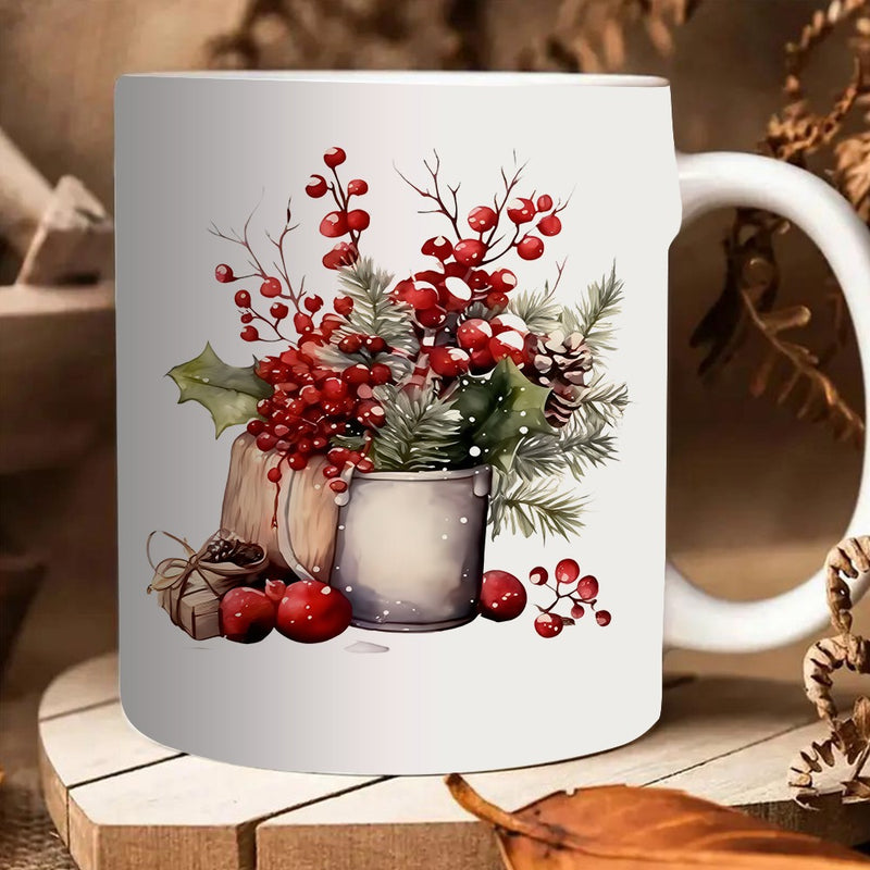 Tailorly White Ceramic 11 oz Mug - pine branch winter design