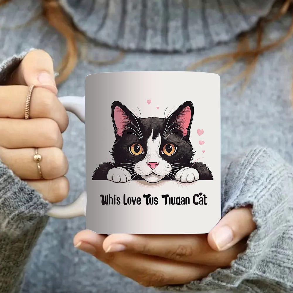 Tailorly White Ceramic 11 oz Mug - cute tuxedo cat with heart pattern