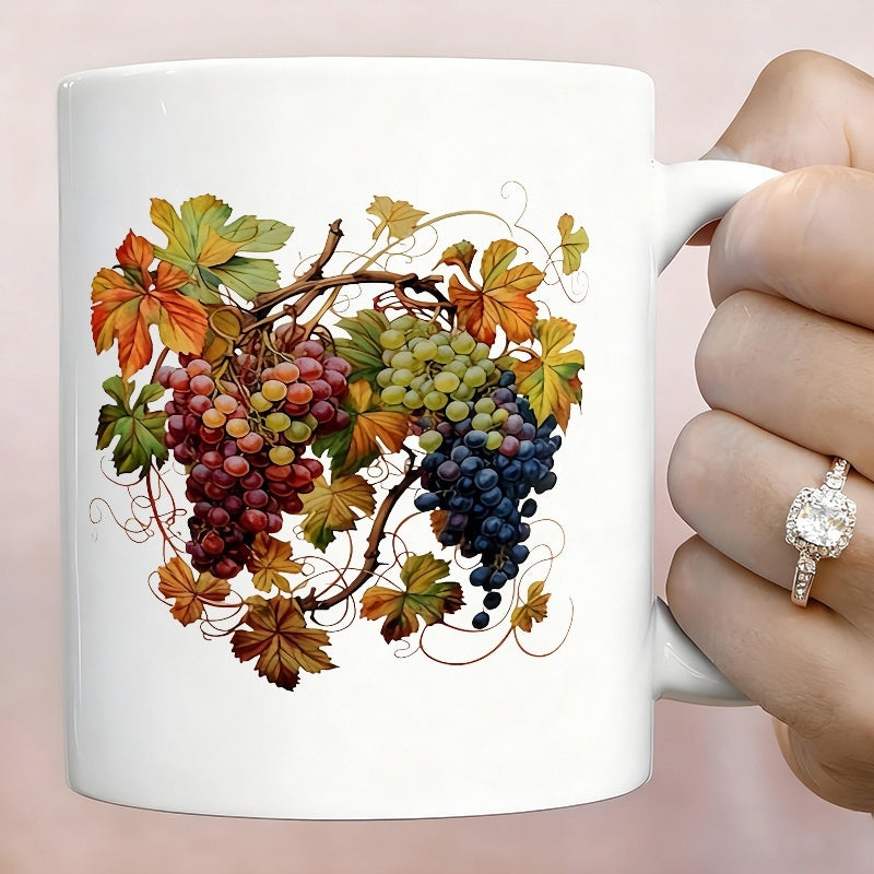Tailorly White Ceramic 11 oz Mug - nature inspired grape vibrant fruit leaf design