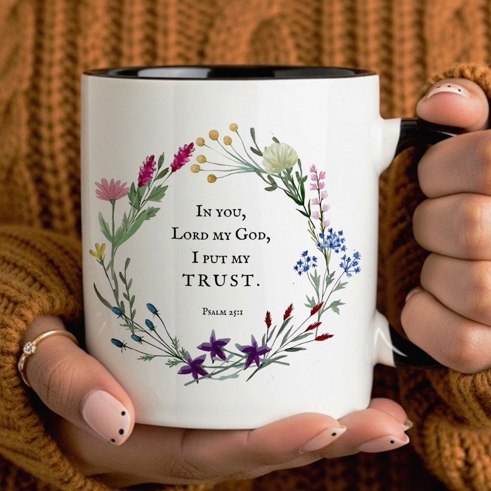 Tailorly Black Accent 11 oz Mug - inspirational bible verse， floral