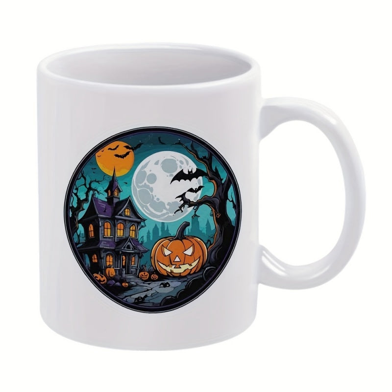 Tailorly White Ceramic 11 oz Mug - spooky pumpkin with bats and cobwebs