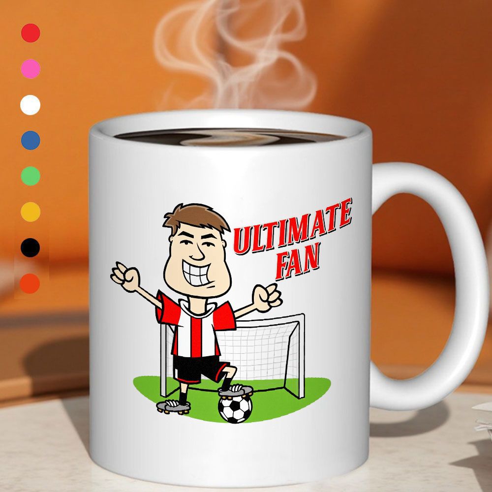 Tailorly White Ceramic 11 oz Mug - ceramic printed mug with cartoon illustration in red white striped soccer jersey roller skates green grass soccer