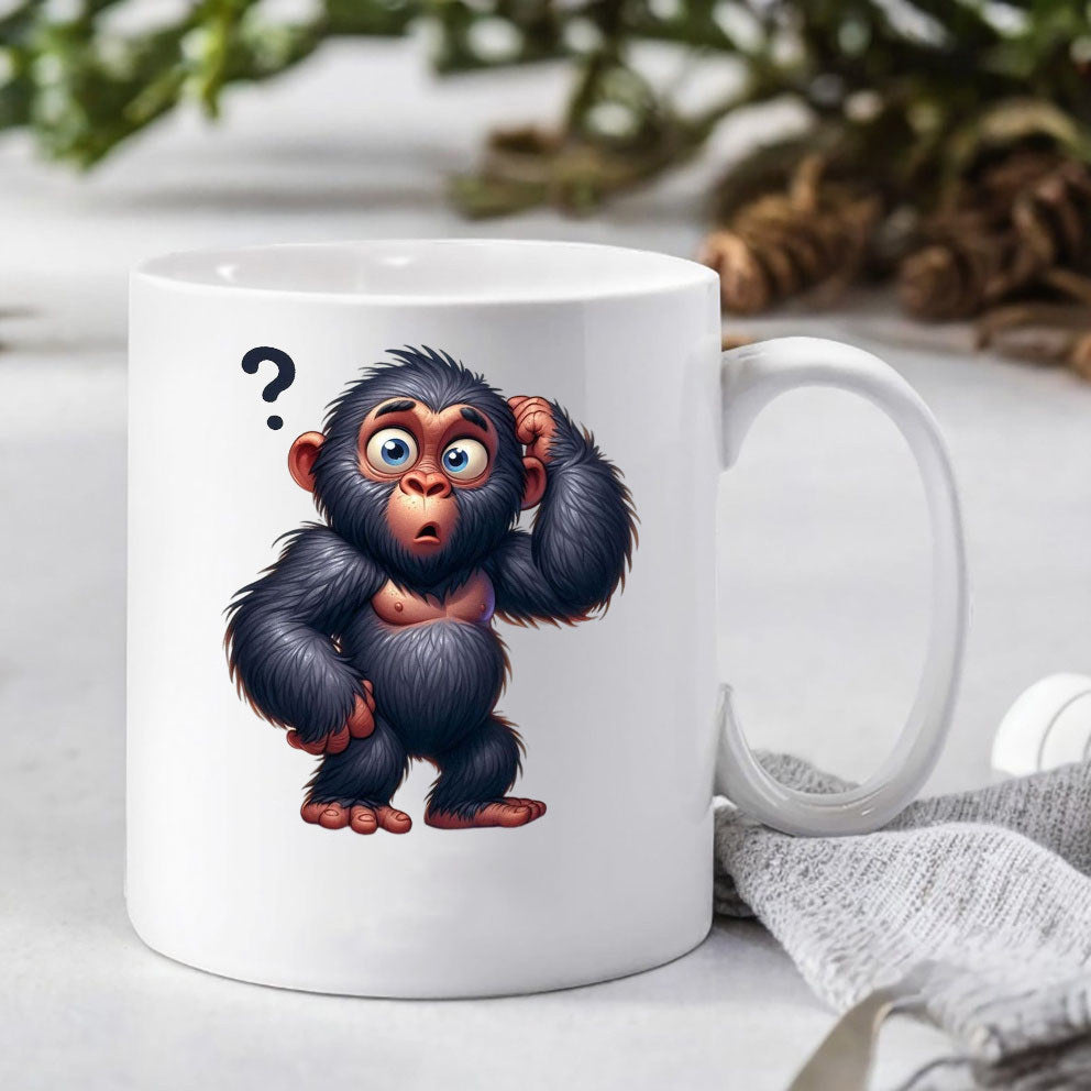Tailorly White Ceramic 11 oz Mug - quirky gorilla design full of questions
