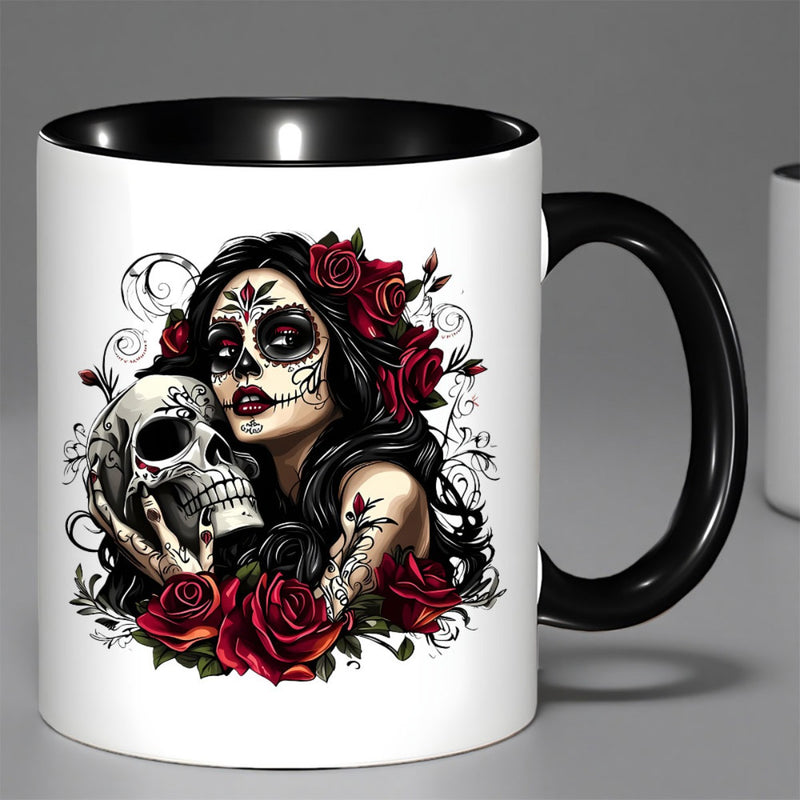 Tailorly Black Accent 11 oz Mug - mexican sugar skull and roses