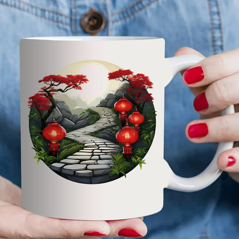 Tailorly White Ceramic 11 oz Mug - traditional Chinese garden with red lanterns and maple trees