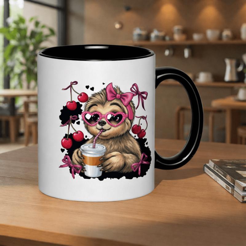 Tailorly Black Accent 11 oz Mug - sloth wearing heart shaped glasses surrounded by cherries