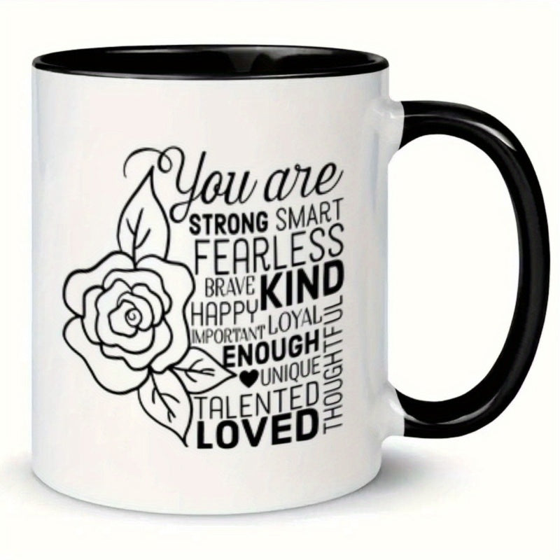 Tailorly Black Accent 11 oz Mug - positive affirmation text "are strong brave enough"