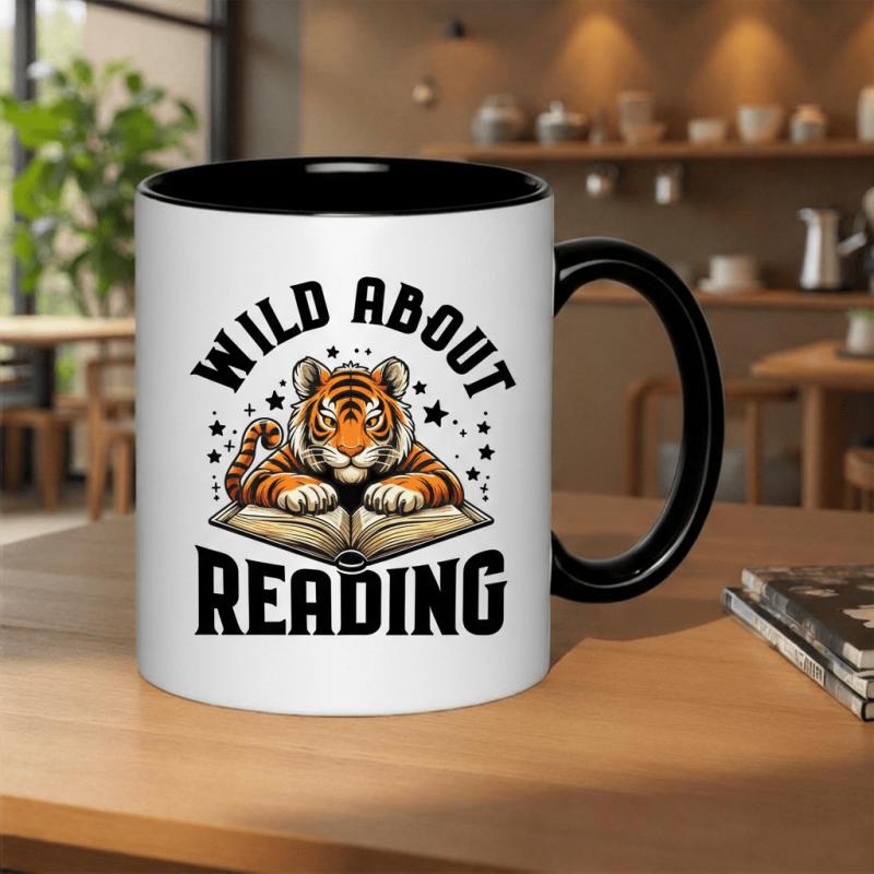 Tailorly Black Accent 11 oz Mug - tiger reading a book