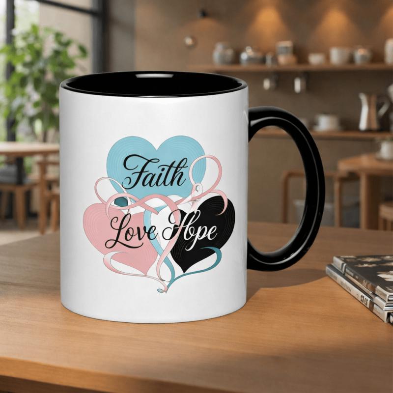 Tailorly Black Accent 11 oz Mug - faith love hearts combination with inspirational words