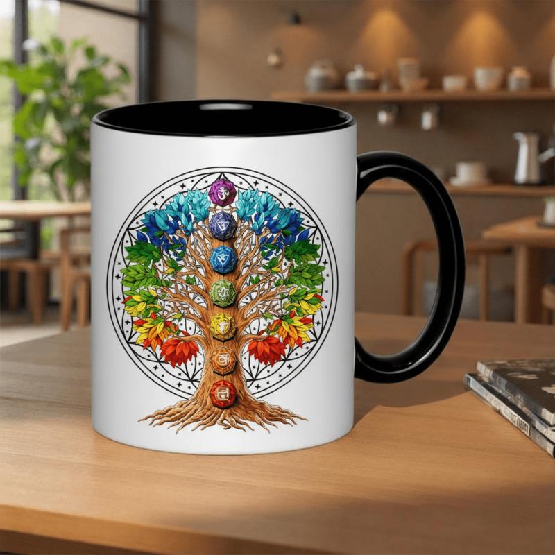 Tailorly Black Accent 11 oz Mug - tree of life chakra symbol mandala