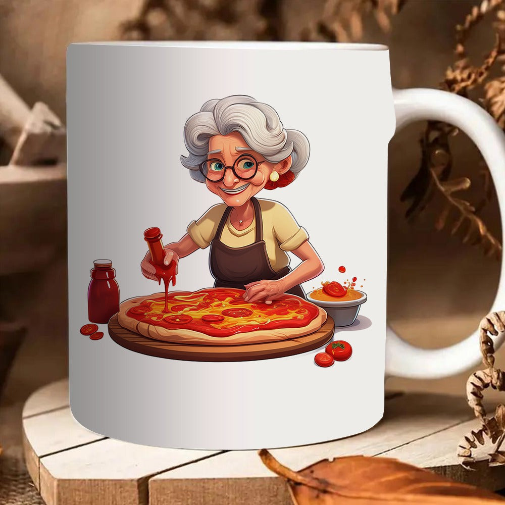 Tailorly White Ceramic 11 oz Mug - cartoon grandma making coffee