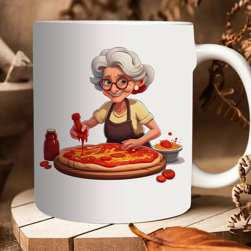 Tailorly White Ceramic 11 oz Mug - cartoon grandma making coffee